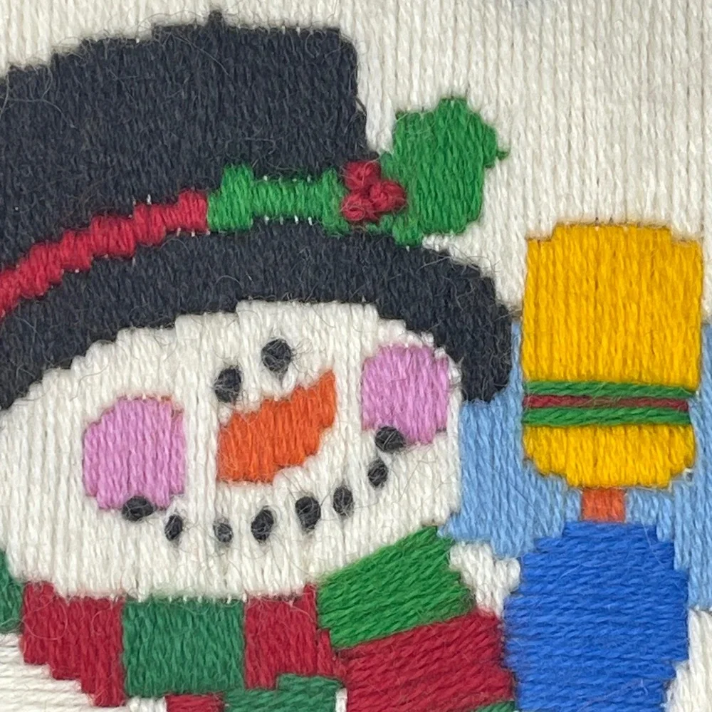 Vintage 1987 Handmade Snowman Crewel Embroidery Framed Christmas Art 8x10